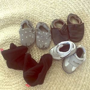 Pair of size 3 Nike 2 moccasins and 1 warm booties